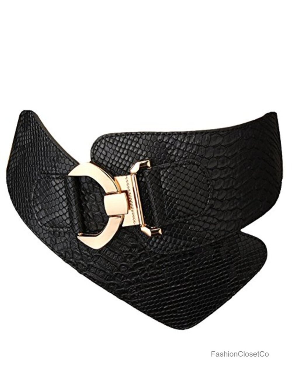 Women's Wide Elastic Stretch Waist Belt with Gold Interlock Buckle